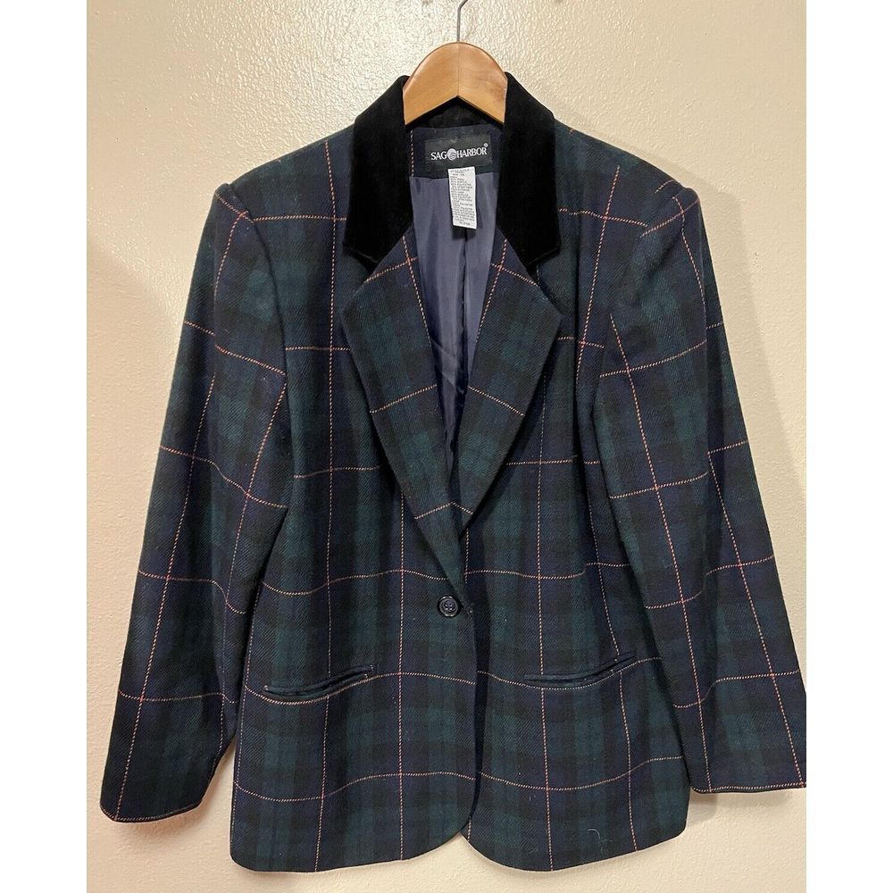 Sag Harbor Green Plaid Blazer Black Velvet Collar Lined Women's Jacket Size 14